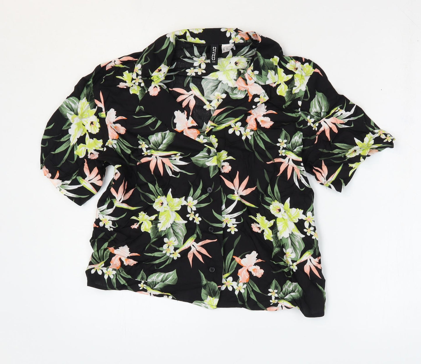 Divided by H&M Womens Black Floral Viscose Cropped Button-Up Size 4 Collared - Box Fit Shirt