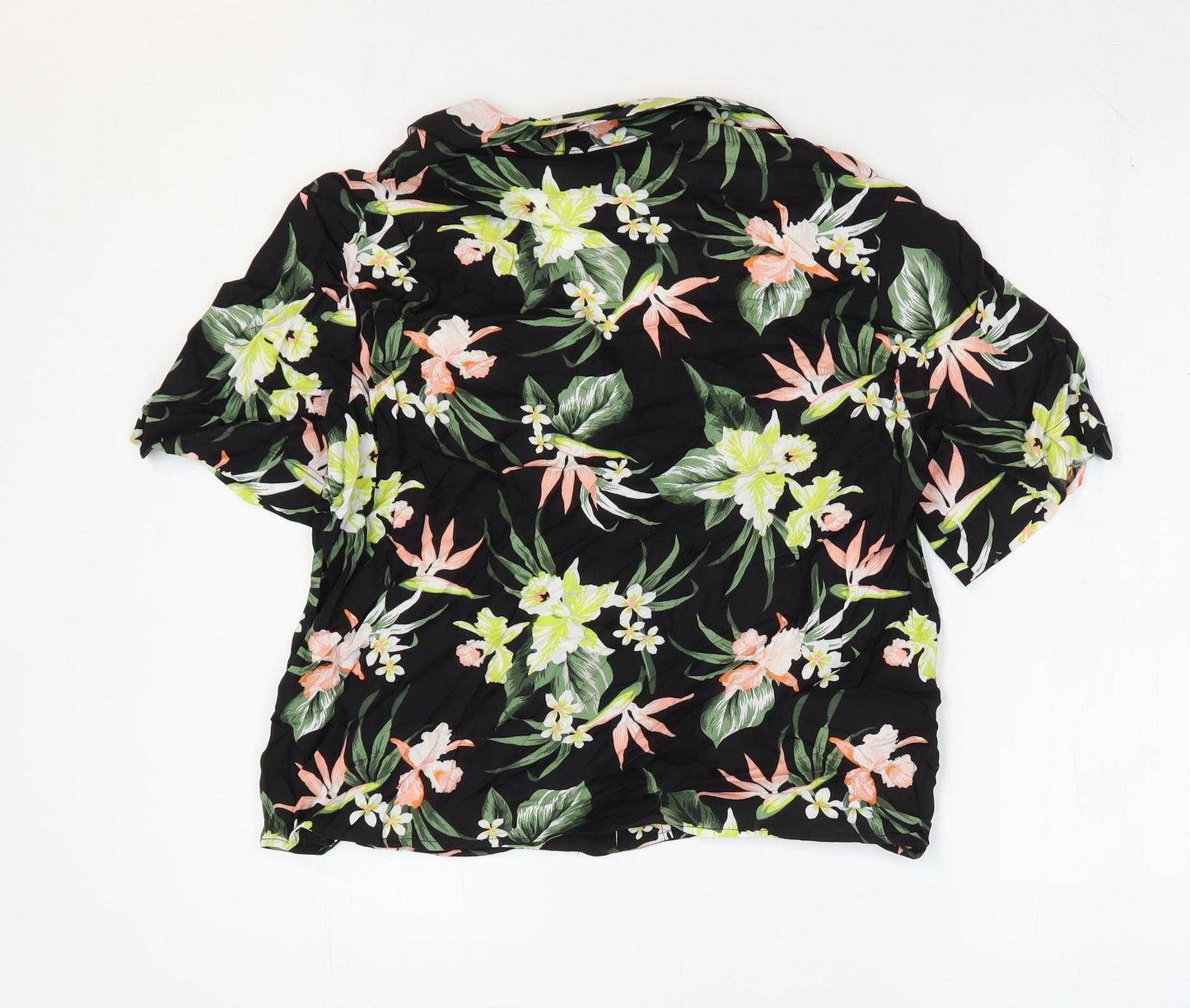 Divided by H&M Womens Black Floral Viscose Cropped Button-Up Size 4 Collared - Box Fit Shirt