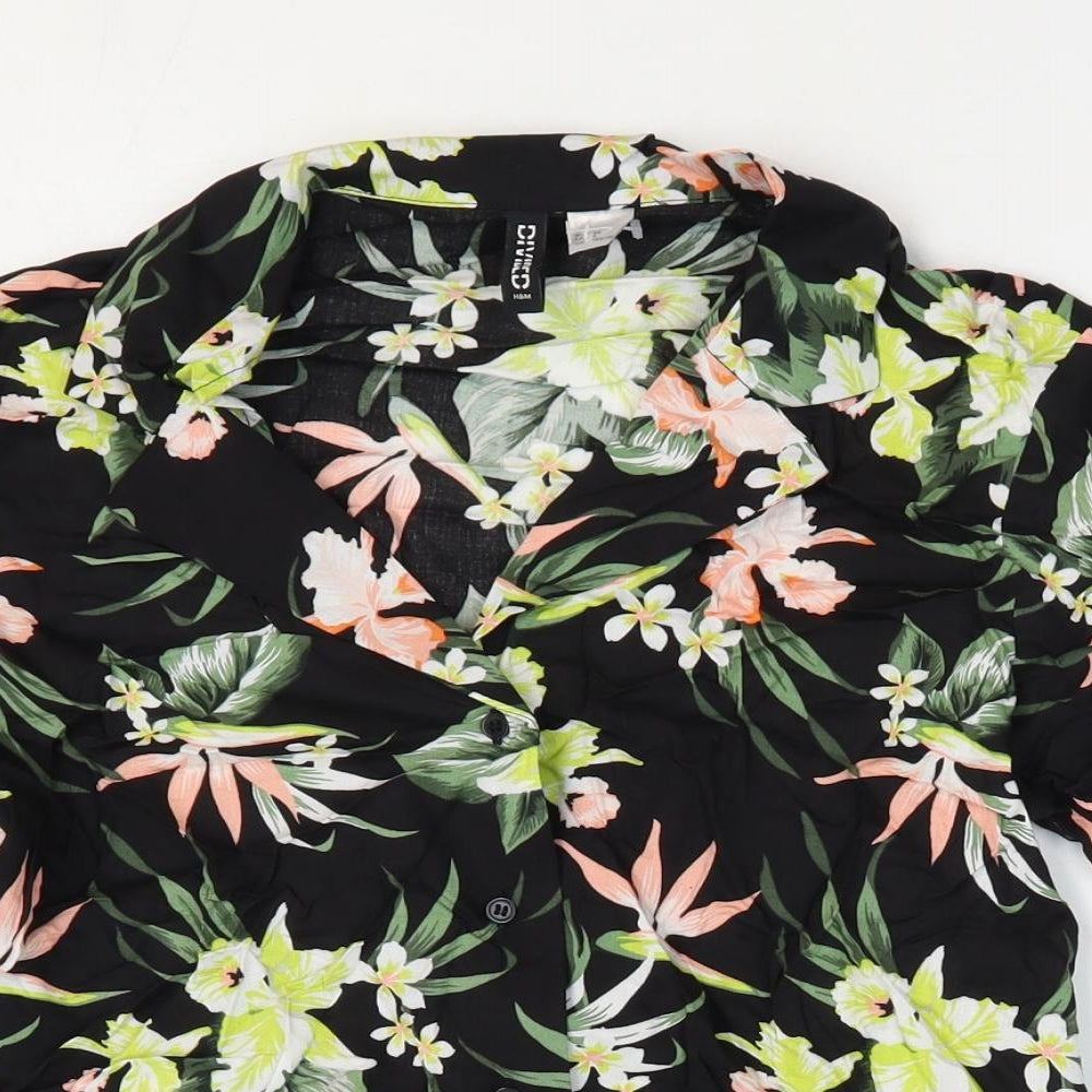 Divided by H&M Womens Black Floral Viscose Cropped Button-Up Size 4 Collared - Box Fit Shirt
