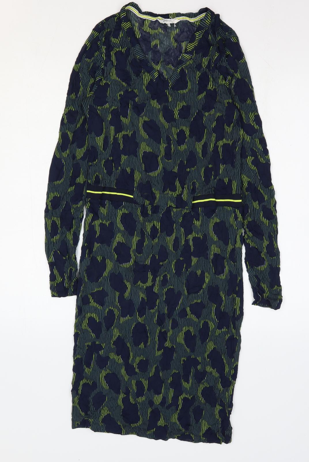 Sandwich Womens Blue Geometric Polyester Bodycon Size S V-Neck Pullover