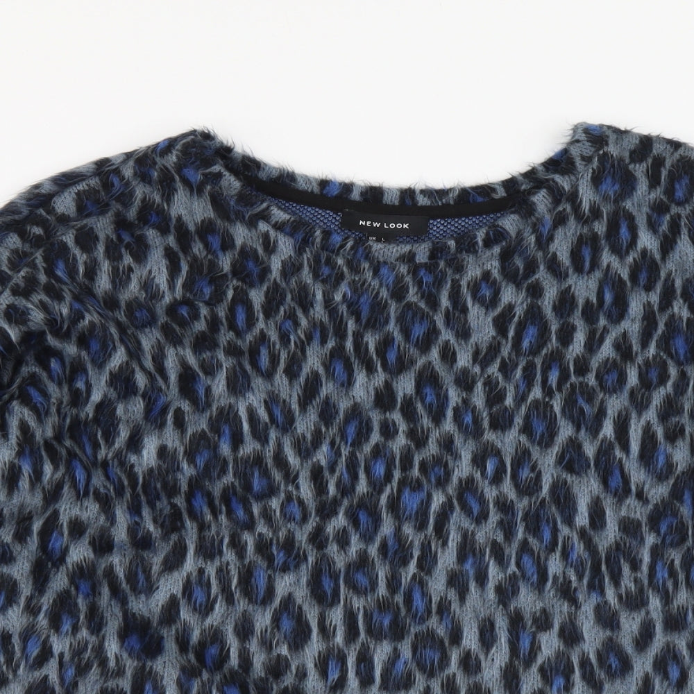 New Look Womens Blue Animal Print Acrylic Basic Blouse Size L Round Neck - Leopard pattern
