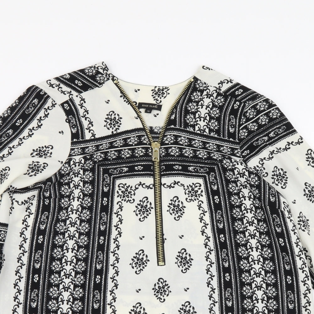 River Island Womens Black Geometric Polyester Basic Blouse Size 10 V-Neck
