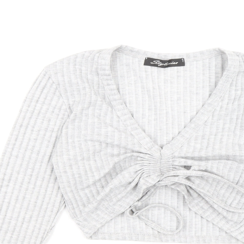 Stylewise Womens Grey V-Neck Polyester Pullover Jumper Size S - Ribbed fabric Ruched