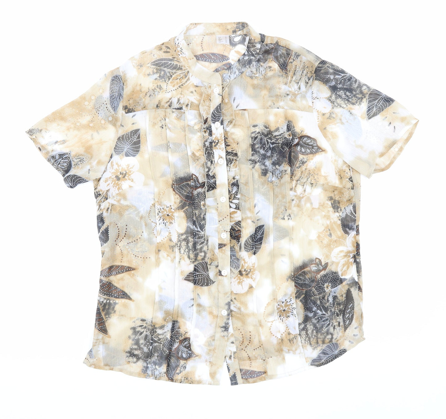 Preworn Womens Beige Floral Polyester Basic Button-Up Size 16 Mock Neck