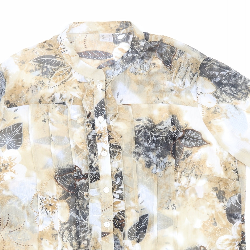 Preworn Womens Beige Floral Polyester Basic Button-Up Size 16 Mock Neck