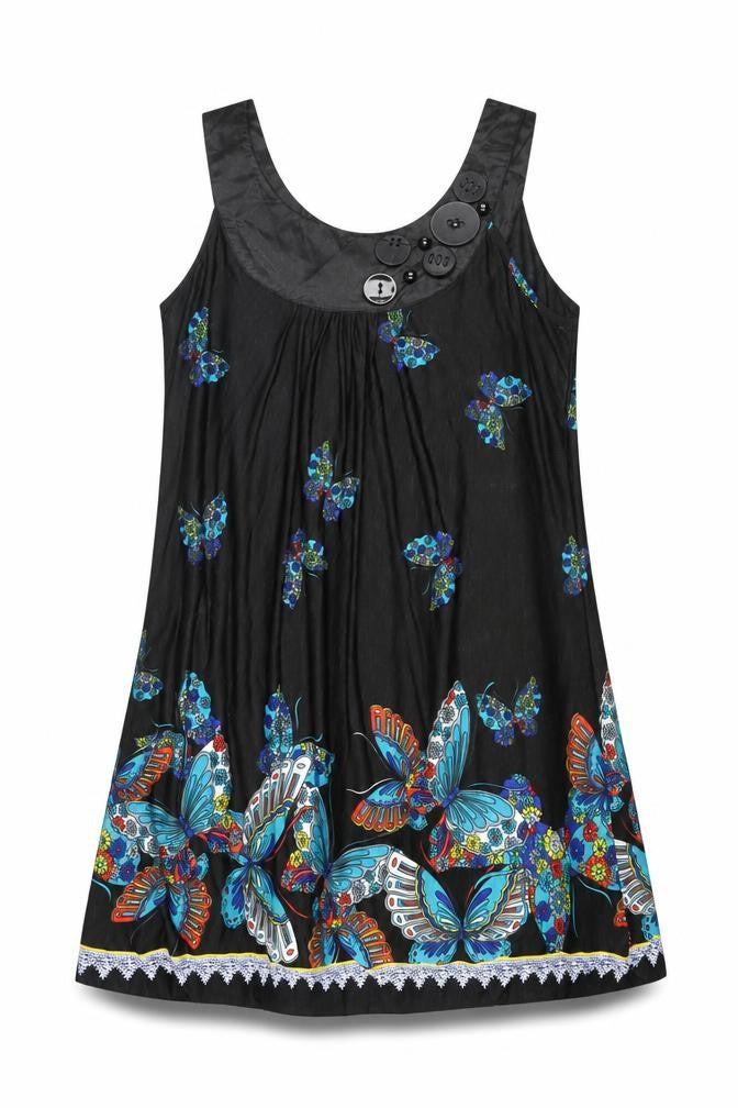 Purple Womens Black Geometric Polyester Tank Dress Size M Scoop Neck Pullover - Butterflies