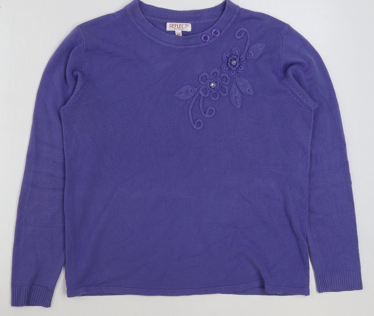 Reflect Womens Purple Round Neck Floral Acrylic Pullover Jumper Size M