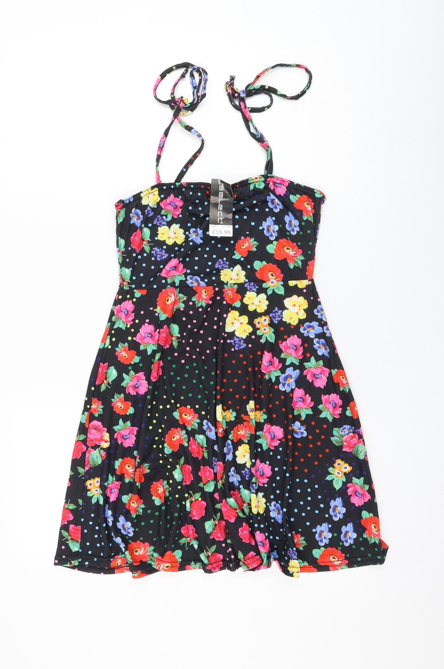 Select Womens Black Floral Polyester Skater Dress Size 6 Square Neck Tie