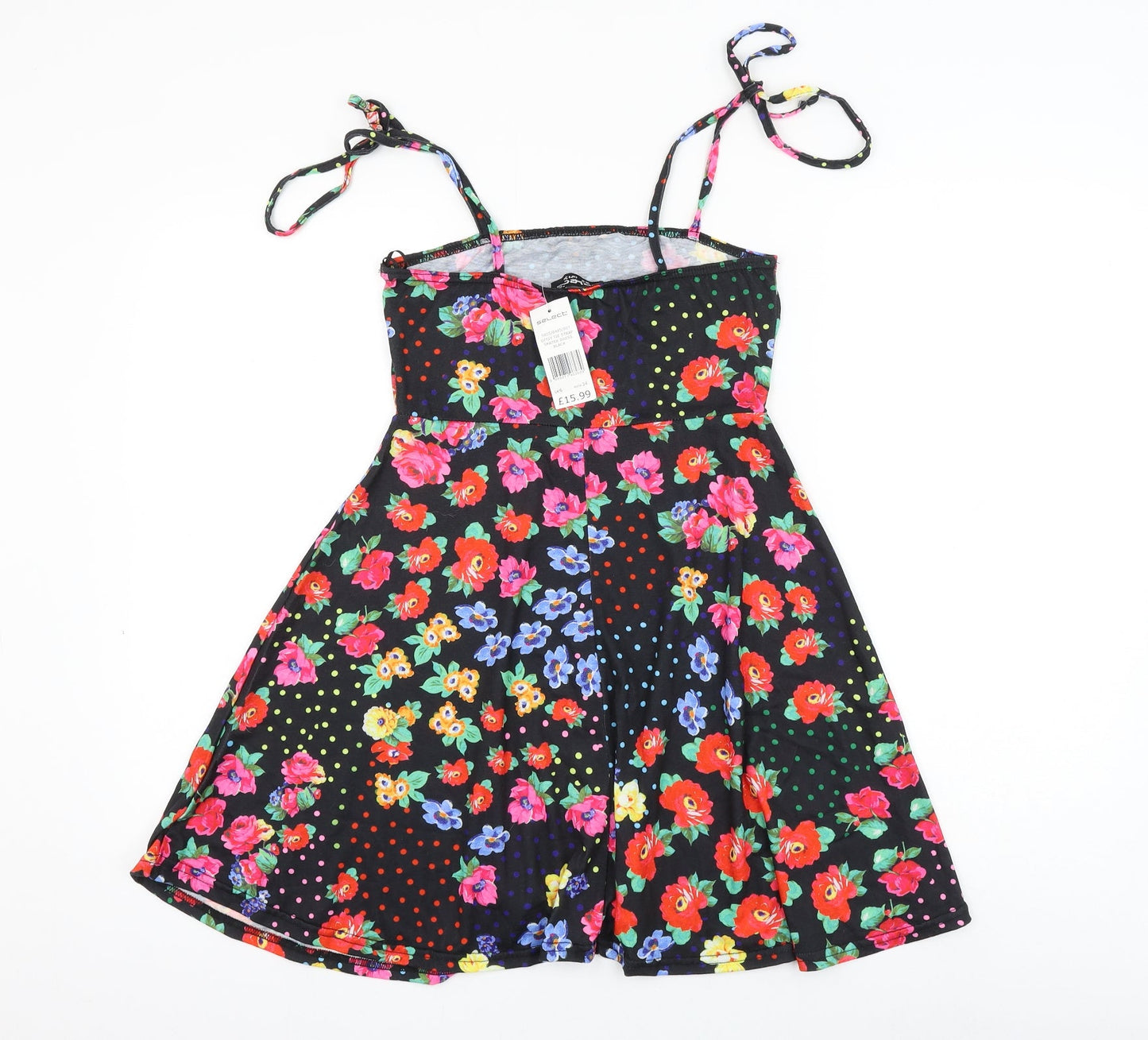 Select Womens Black Floral Polyester Skater Dress Size 6 Square Neck Tie