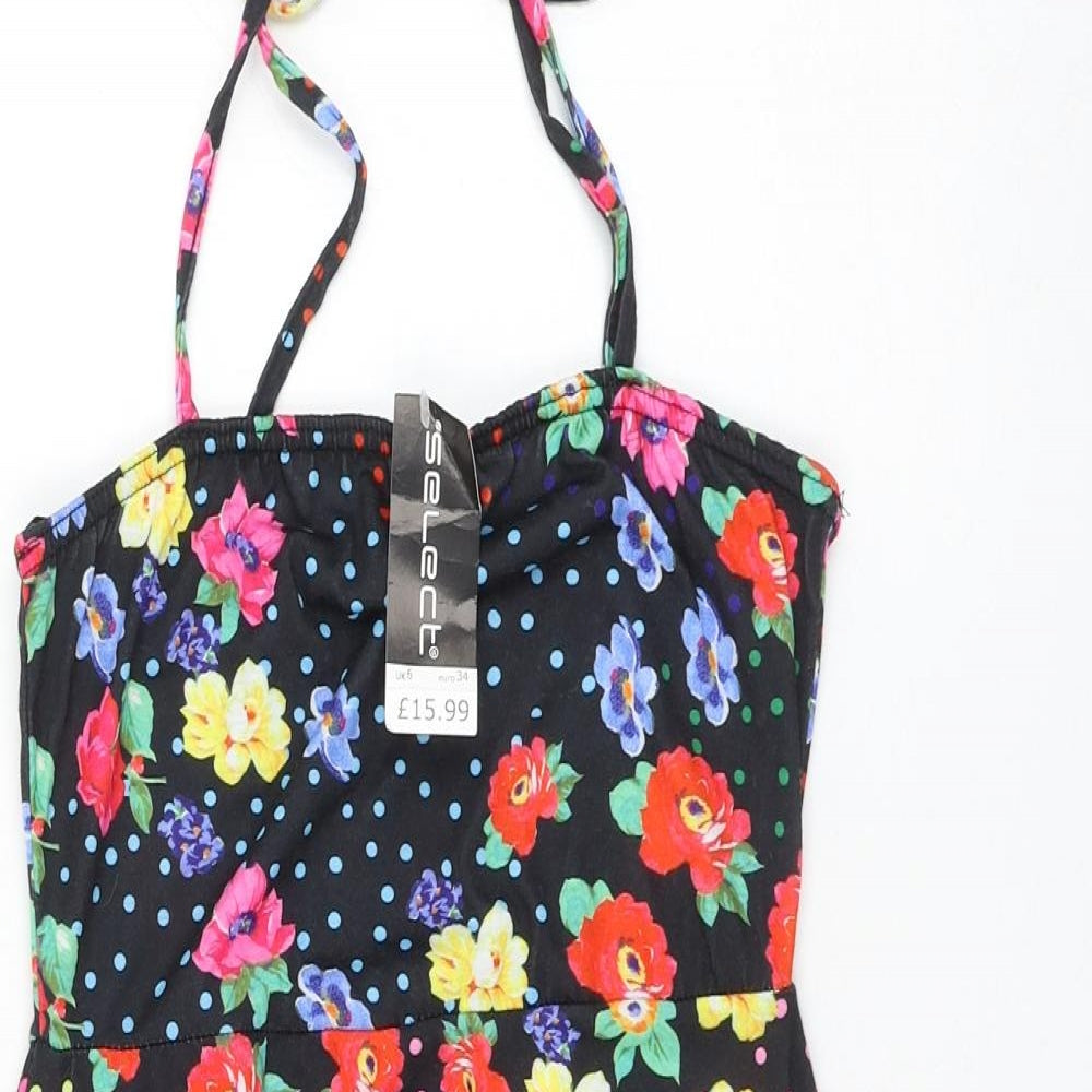 Select Womens Black Floral Polyester Skater Dress Size 6 Square Neck Tie