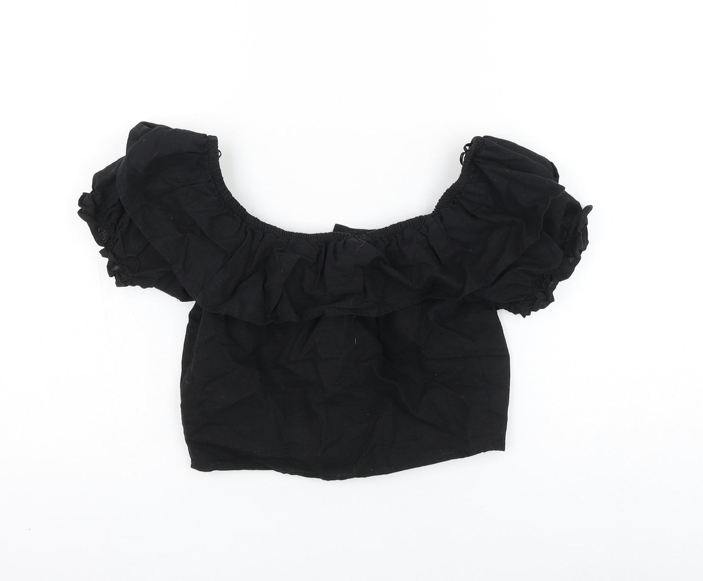 Topshop Womens Black Cotton Cropped Blouse Size 6 Round Neck