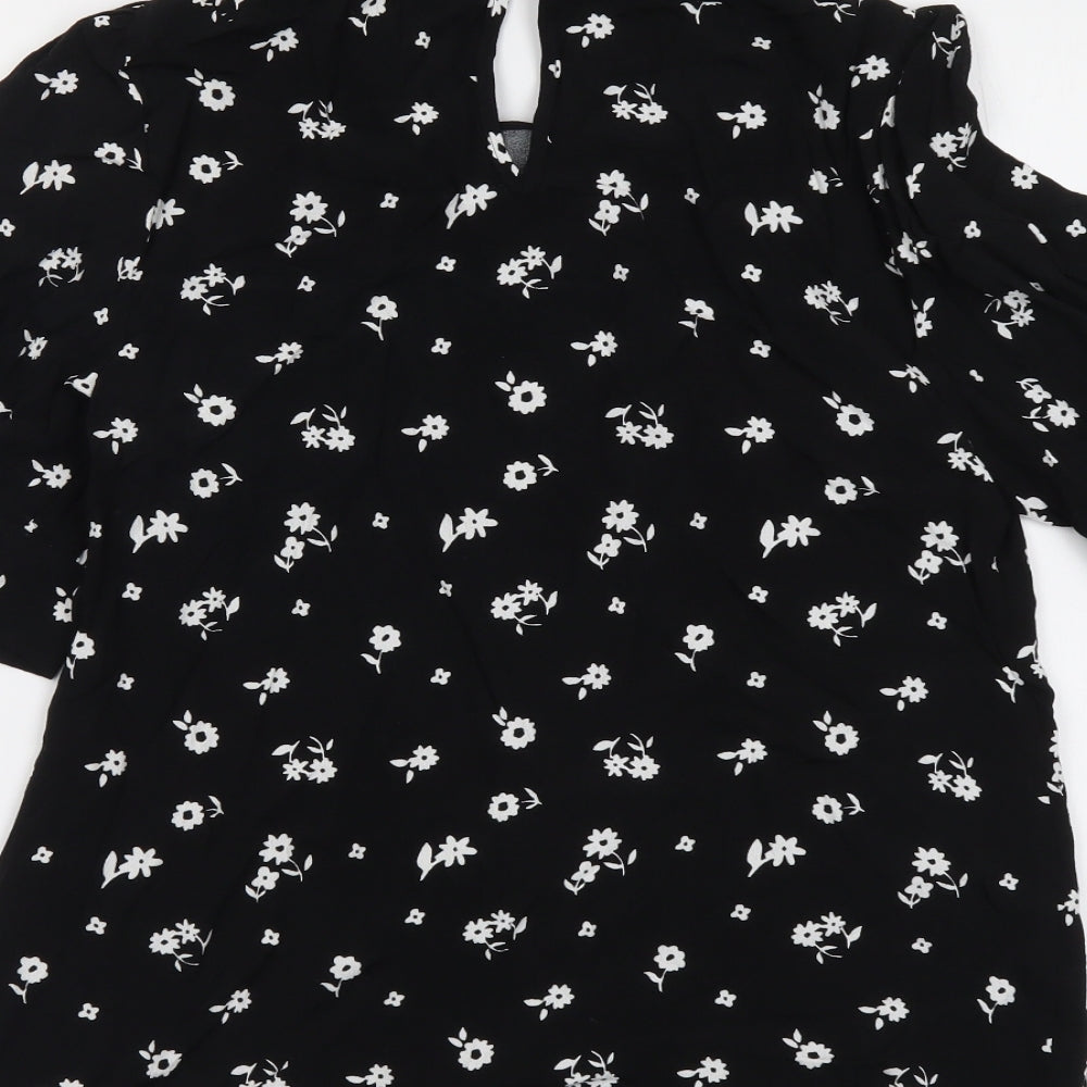 Marks and Spencer Womens Black Floral Viscose Basic Blouse Size 6 Collared