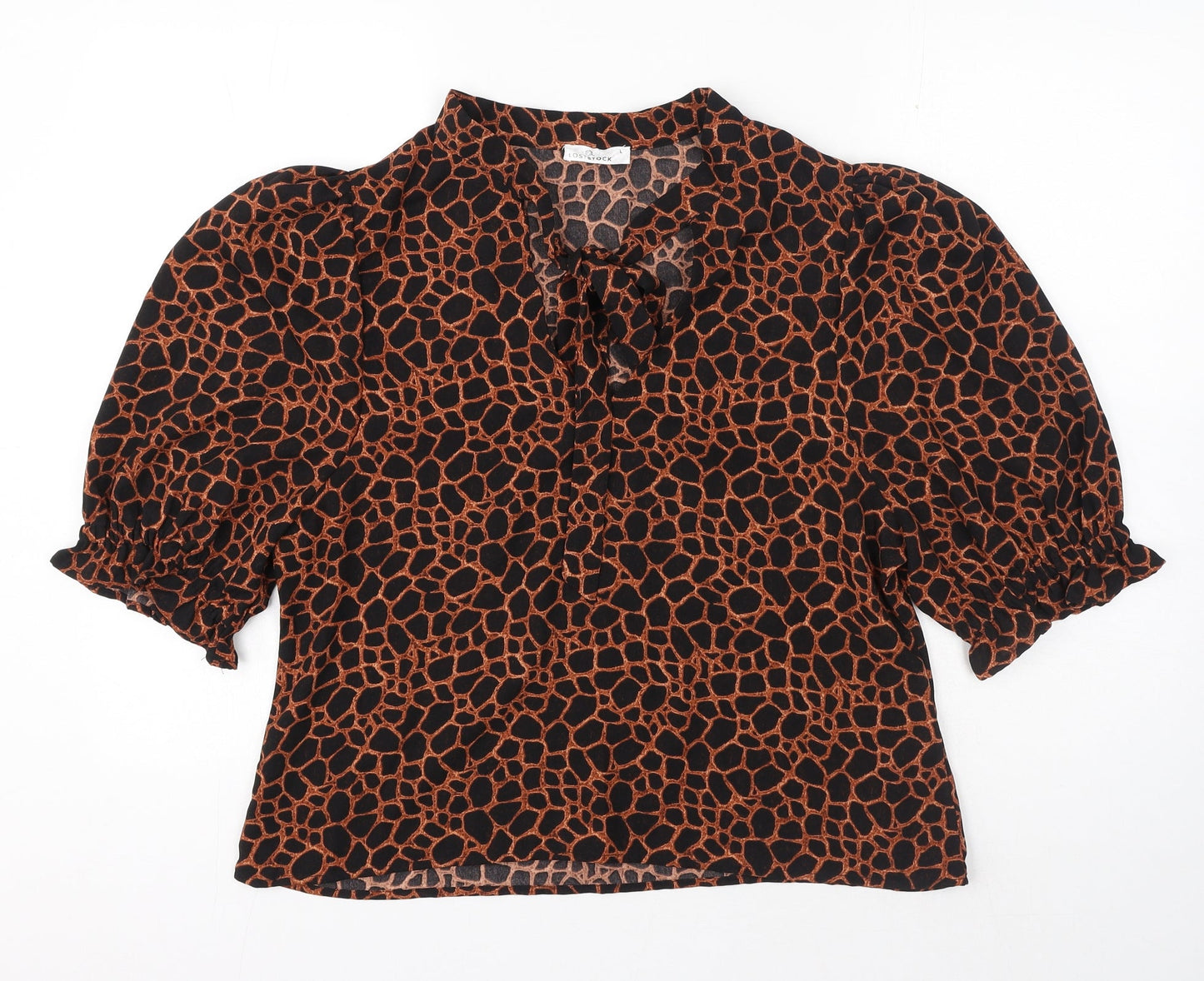 LOSTSTOCK Womens Black Animal Print Polyester Basic Blouse Size L V-Neck - Leopard print