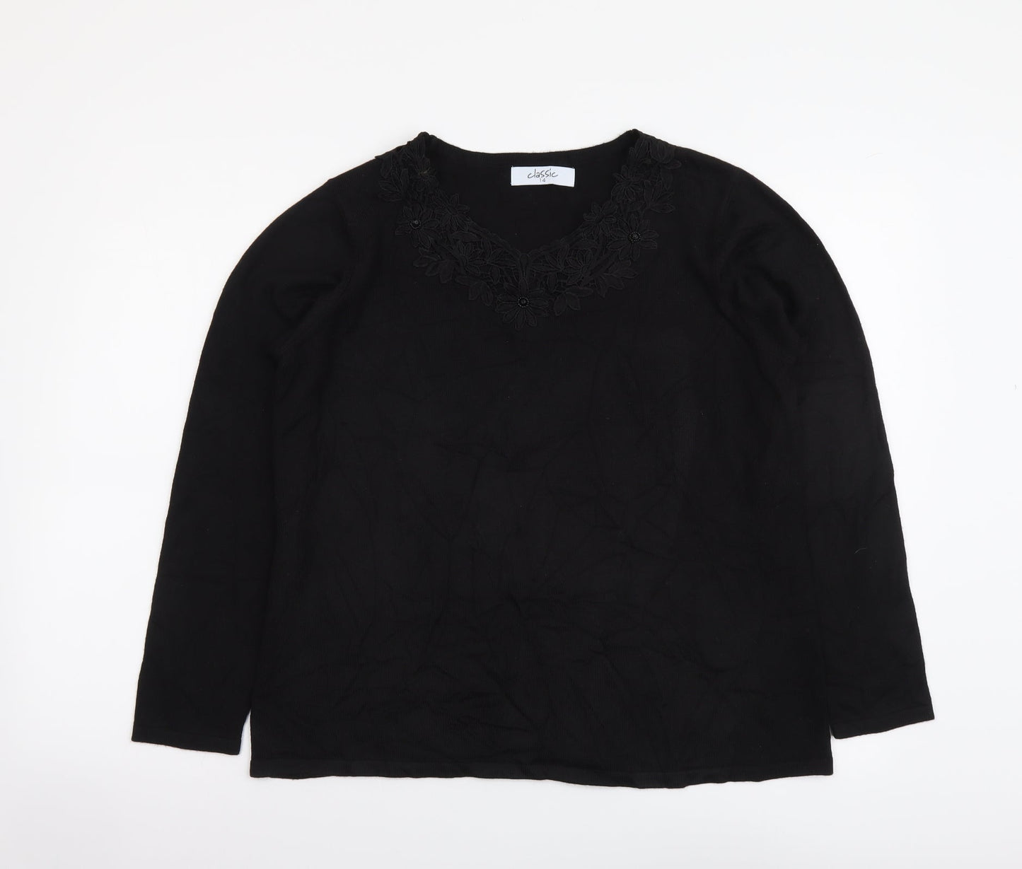 Classic Womens Black V-Neck Acrylic Pullover Jumper Size 14