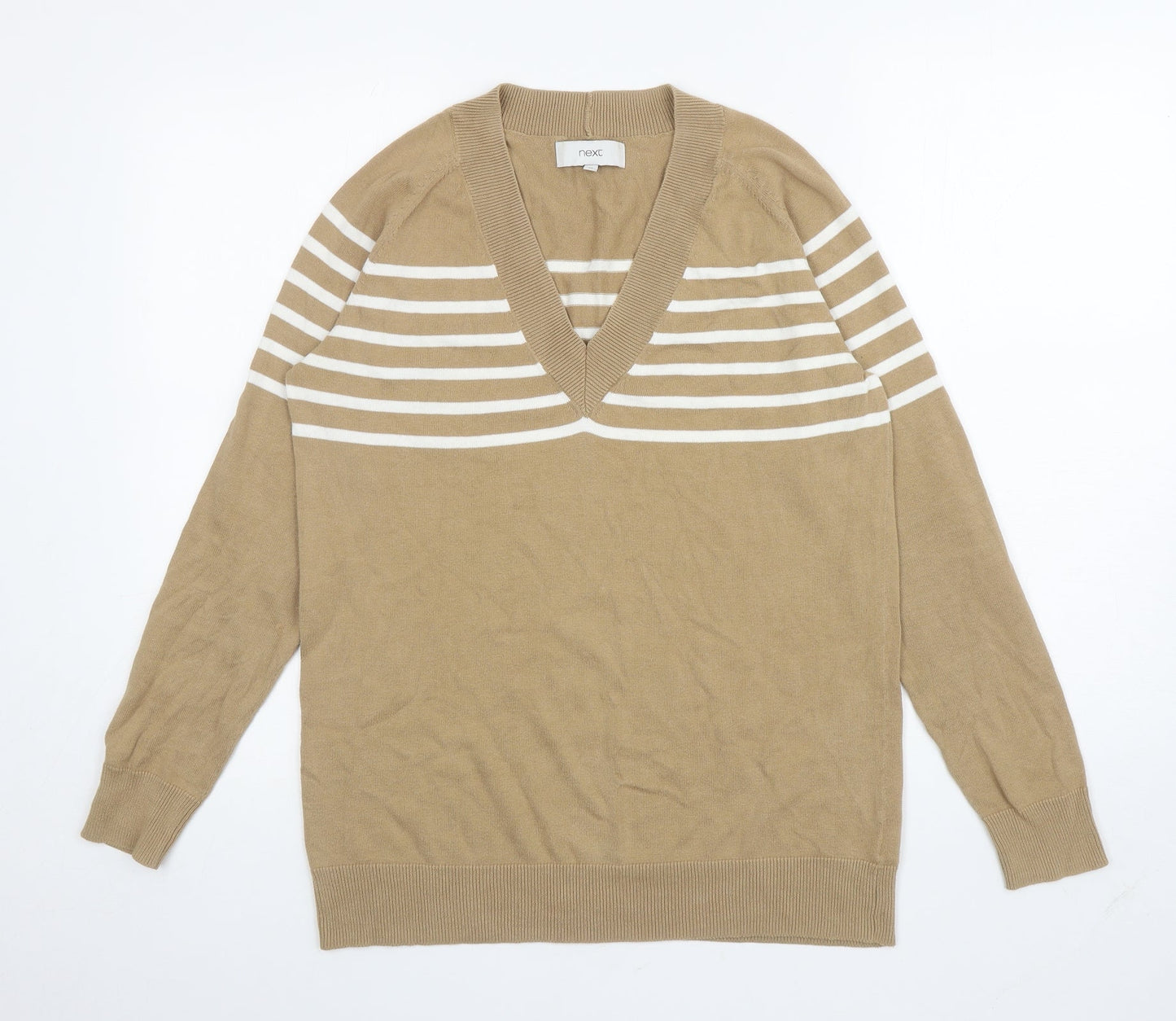 NEXT Womens Brown V-Neck Striped Cotton Pullover Jumper Size 12