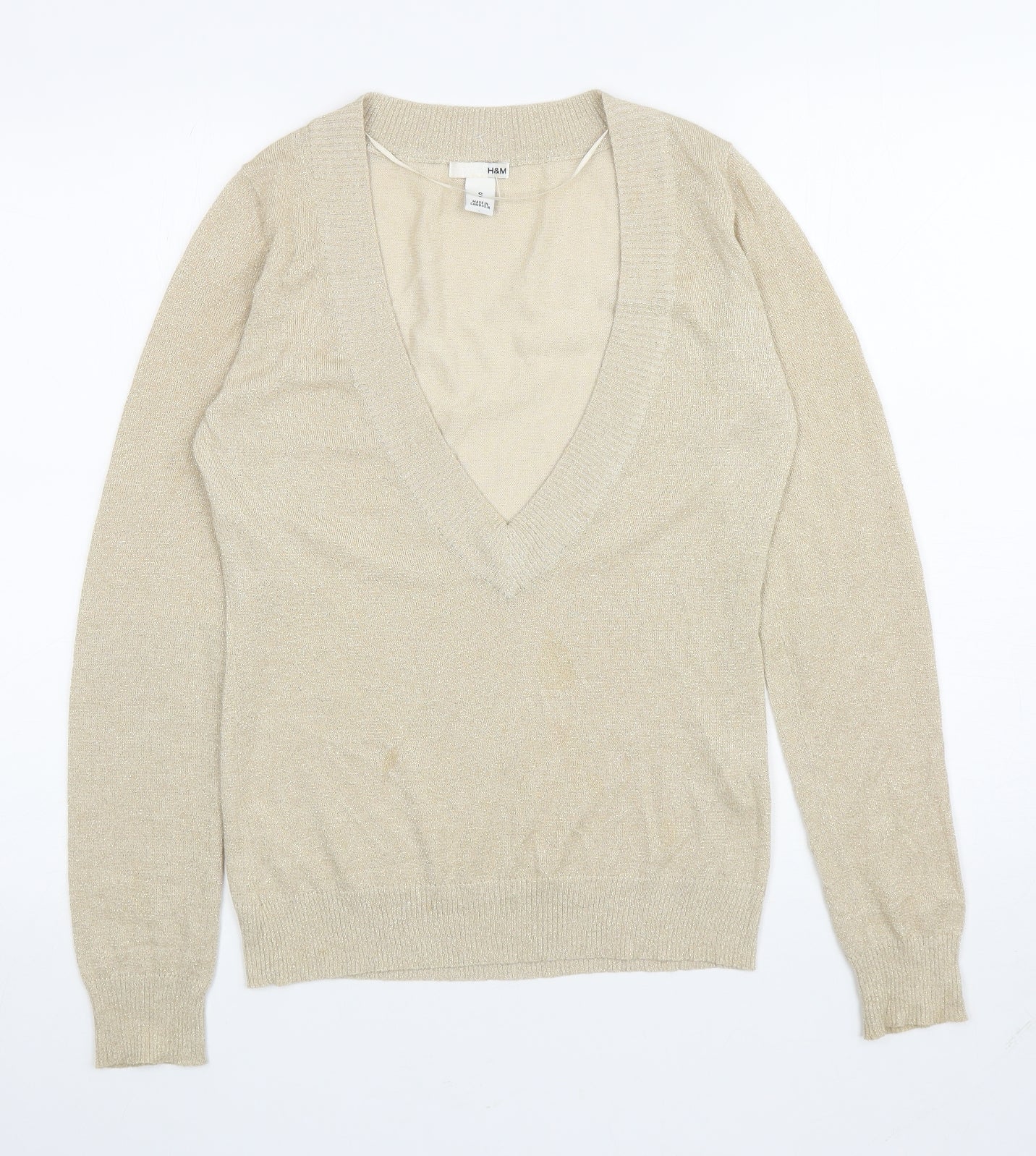 H&M Womens Gold V-Neck Viscose Pullover Jumper Size S