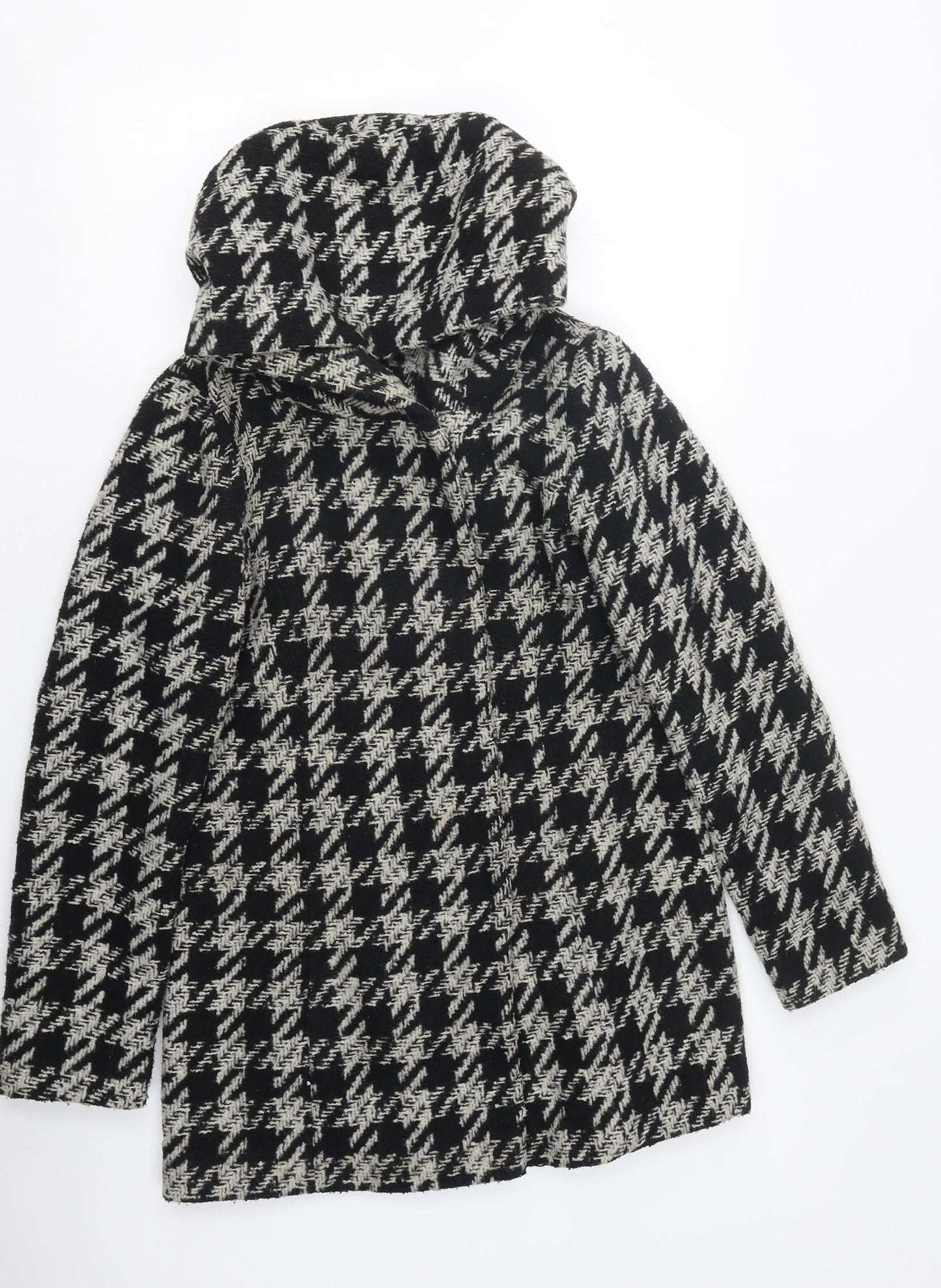 New Look Womens Black Herringbone Overcoat Coat Size 8 Snap