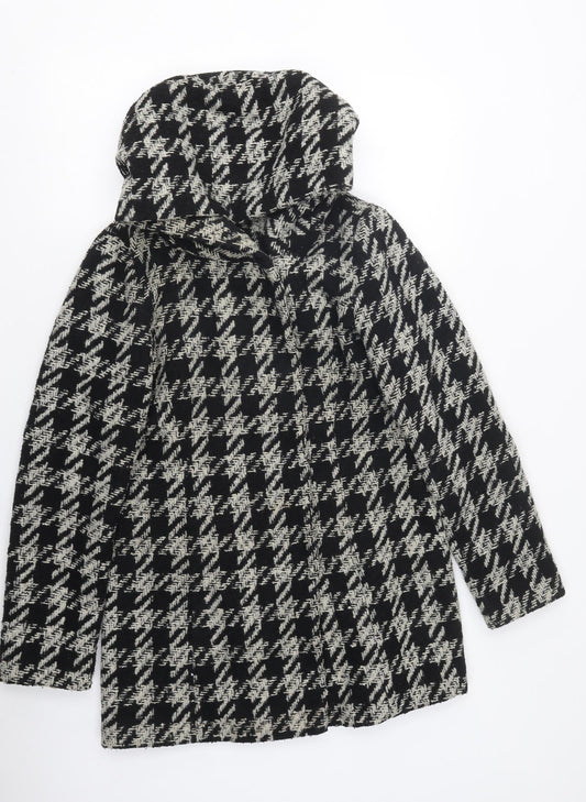 New Look Womens Black Herringbone Overcoat Coat Size 8 Snap