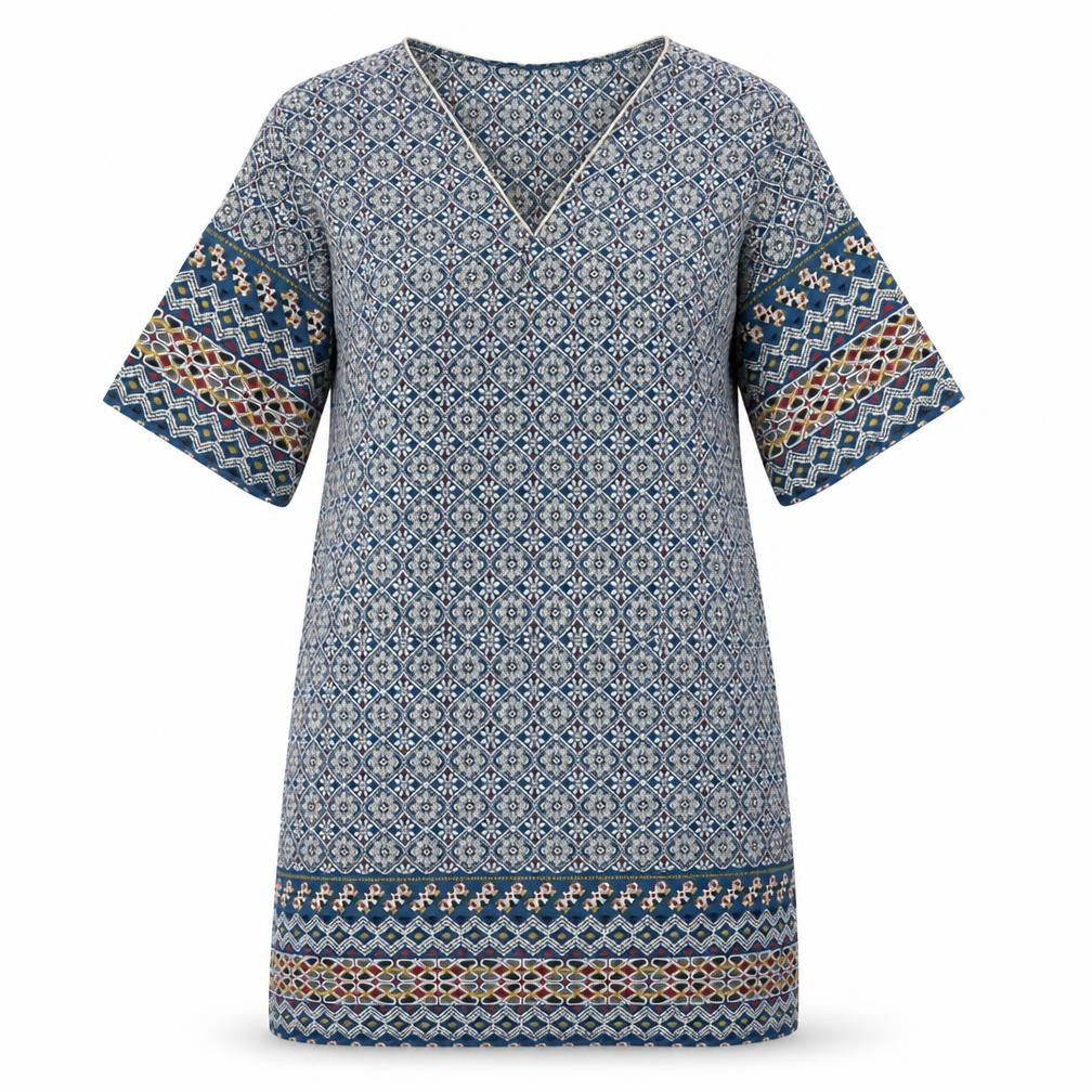 Cache Cache Womens Blue Geometric Polyester A-Line Size 10 V-Neck Pullover