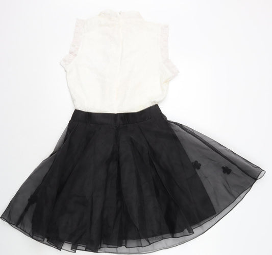 Lanyizikou Womens Black Polyester Skater Dress Size S High Neck Zip - Lace Top