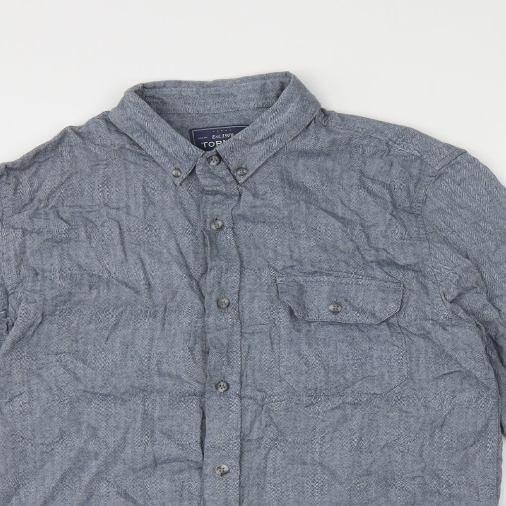 Topman Mens Blue Herringbone Cotton Button-Up Size S Collared Button