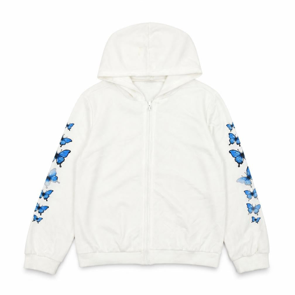 SheIn Girls White Polyester Full Zip Hoodie Size 11-12 Years Zip - Butterflies