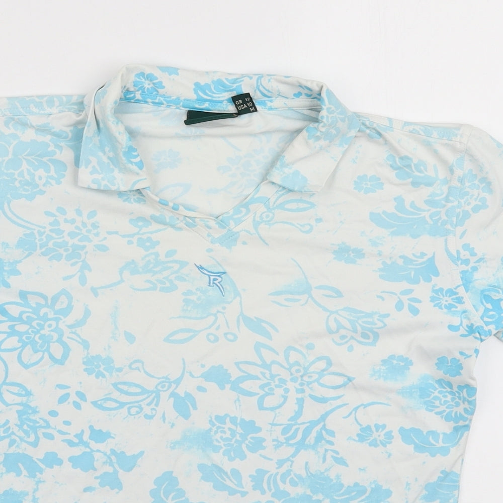Chervo Womens Blue Floral Polyamide Basic Polo Size 12 Collared