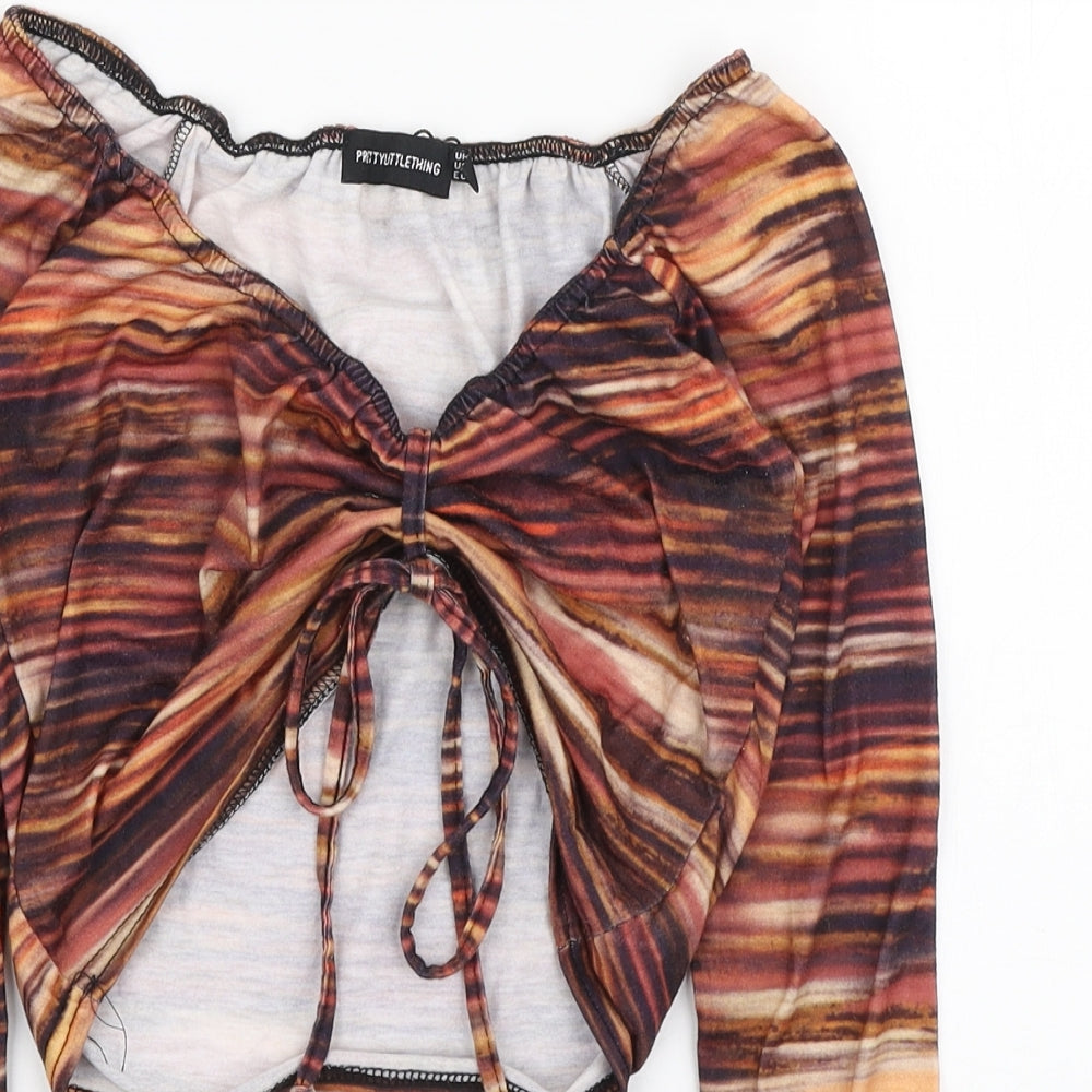 PRETTYLITTLETHING Womens Multicoloured Geometric Polyester Cropped Blouse Size 10 V-Neck - Ruched front