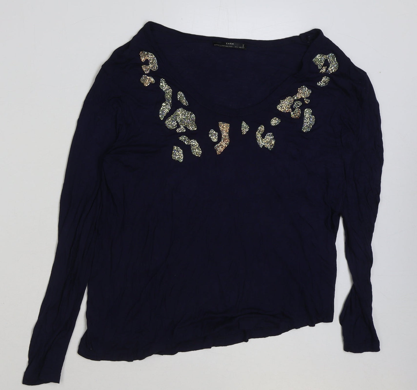 Zara Womens Blue Polyester Basic T-Shirt Size L Round Neck