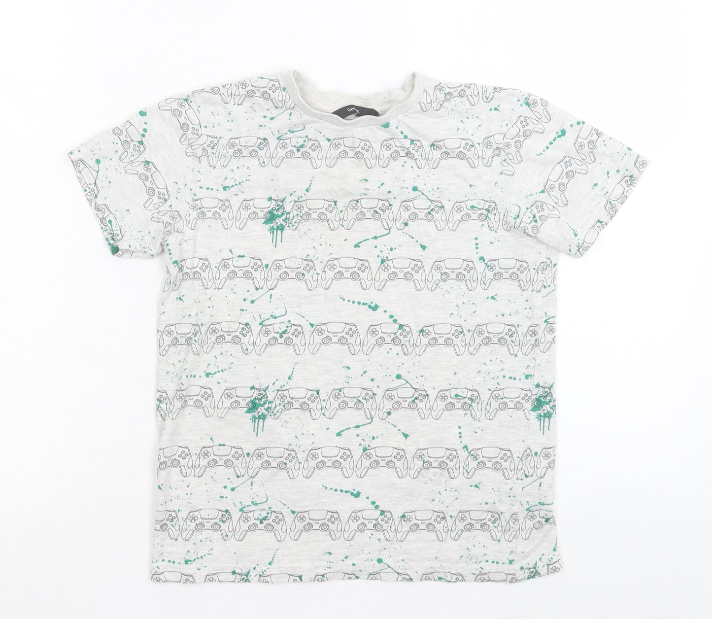 George Boys Grey Geometric Cotton Basic T-Shirt Size 9-10 Years Crew Neck Pullover - Games Console Print