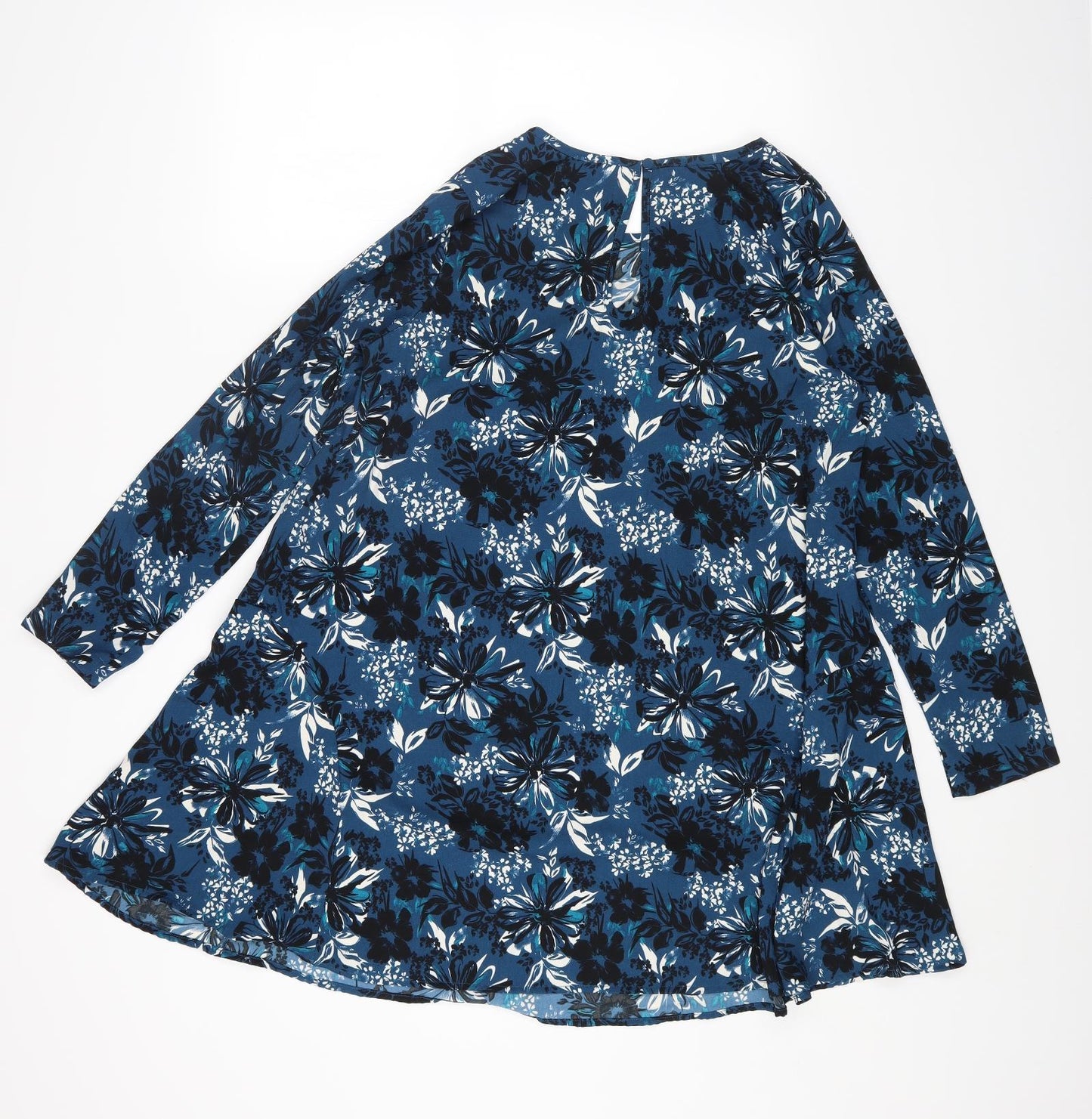 A&G Womens Blue Floral Polyester A-Line Size 12 Round Neck Button