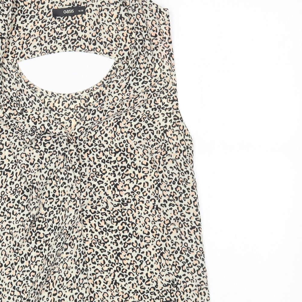 Oasis Womens Beige Animal Print Polyester Basic Blouse Size 10 Round Neck - Leopard Print