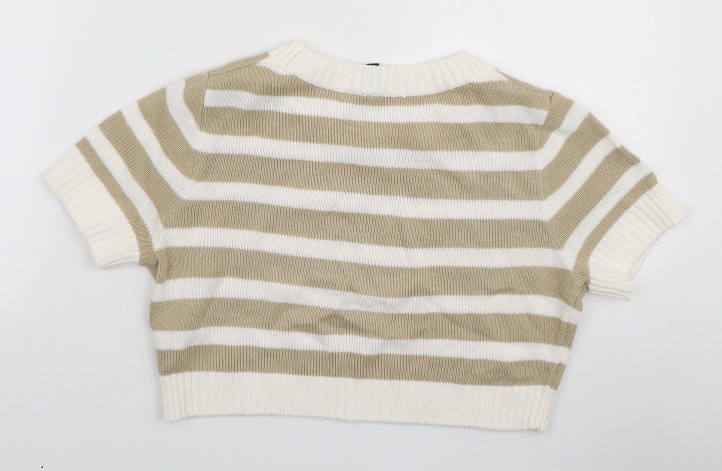 H&M Womens Beige Striped Acrylic Basic T-Shirt Size S Round Neck
