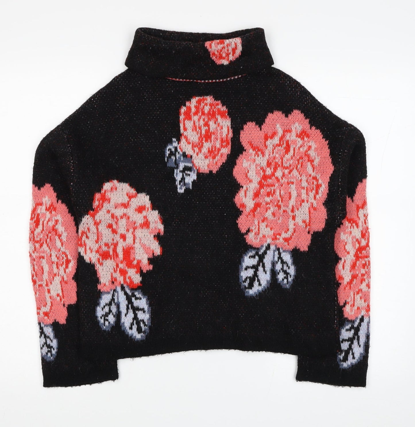 Marks and Spencer Womens Black Roll Neck Floral Acrylic Pullover Jumper Size S - Roses