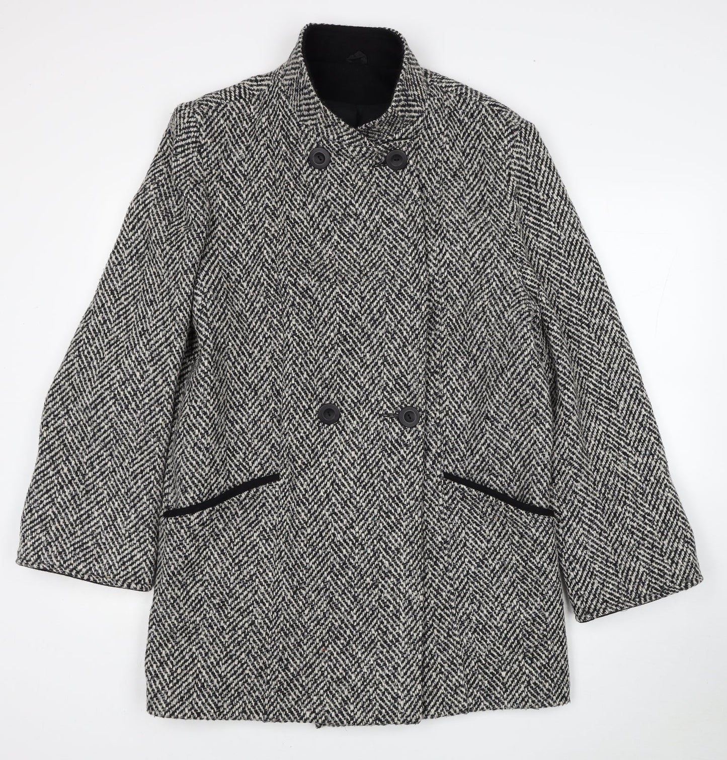 BHS Womens Black Geometric Pea Coat Coat Size 12 Button