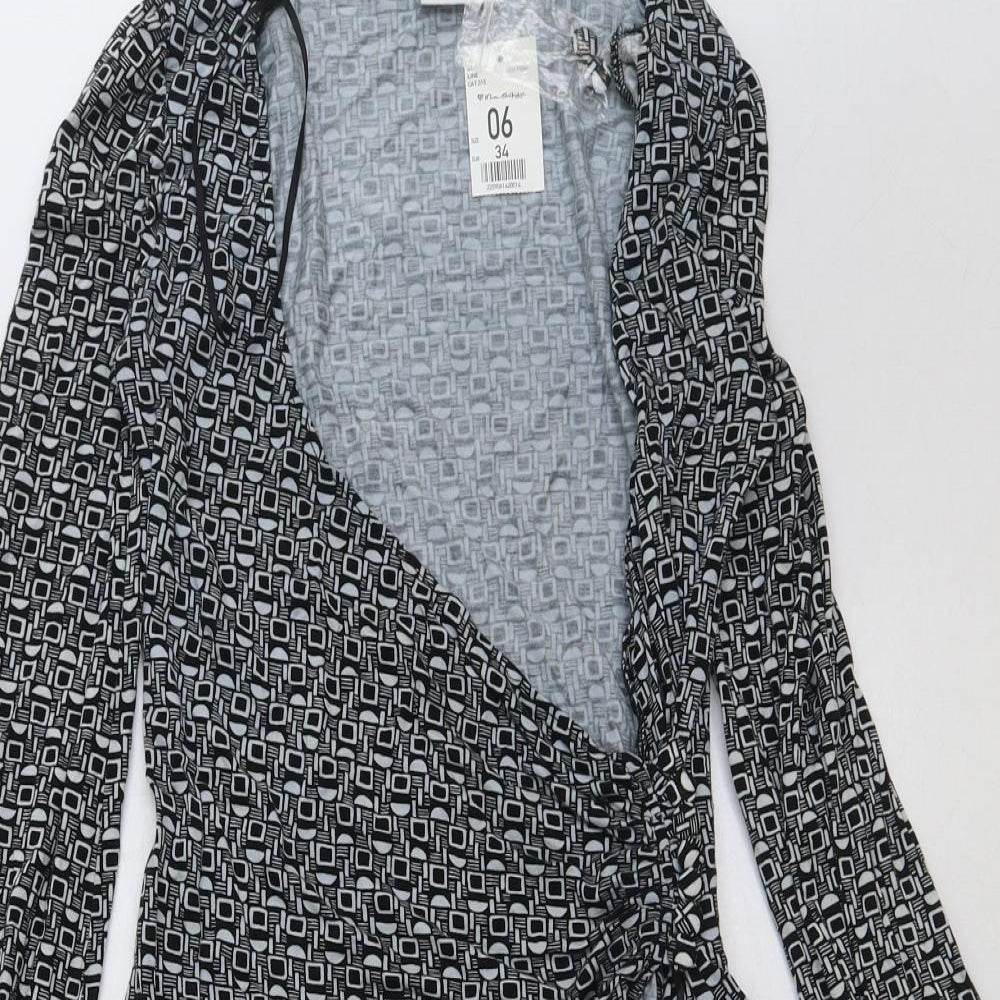 Miss Selfridge Womens Black Geometric Polyester Wrap Dress Size 6 V-Neck Tie