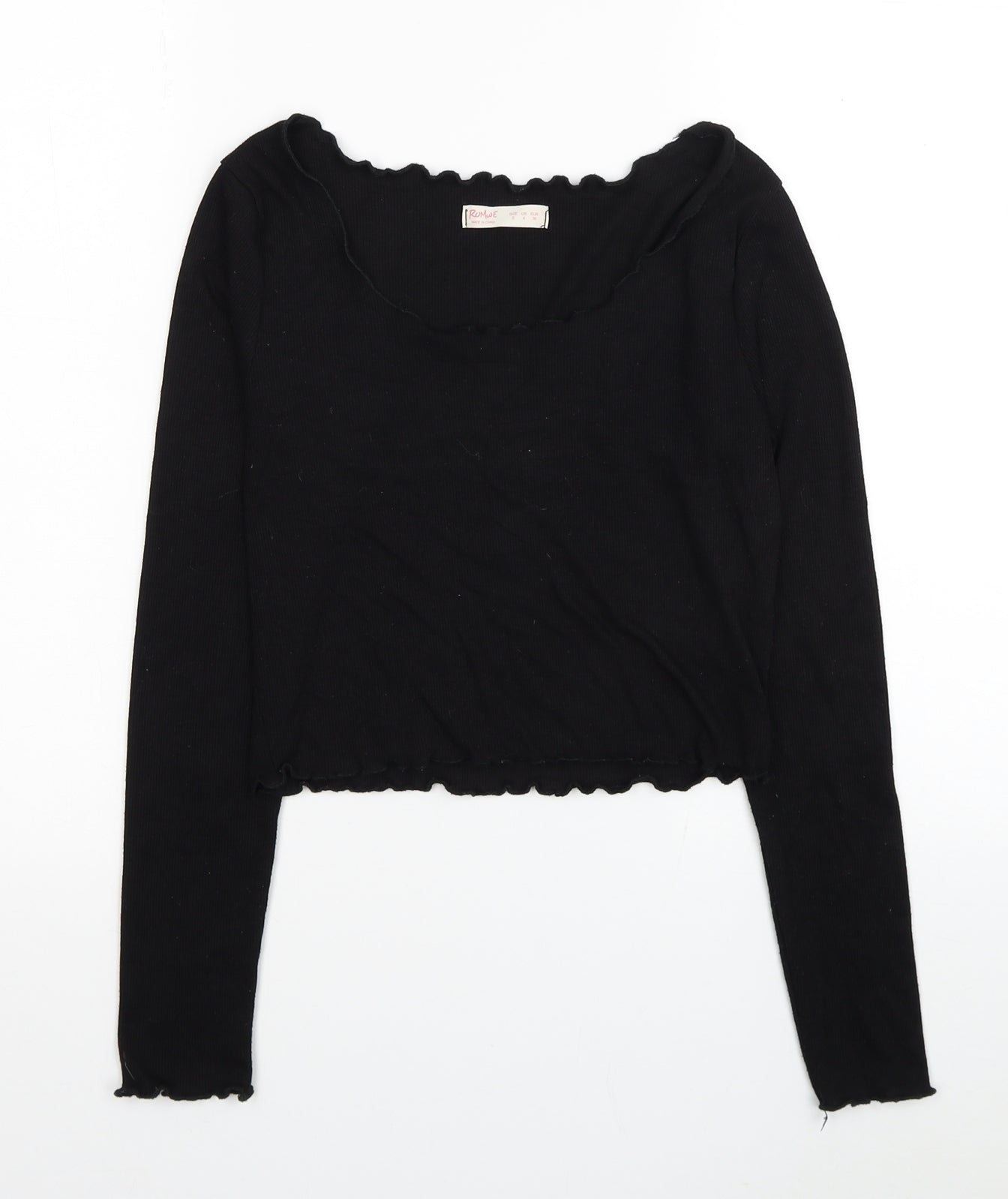 ROMWE Womens Black Polyester Cropped Blouse Size S Scoop Neck - Ribbed