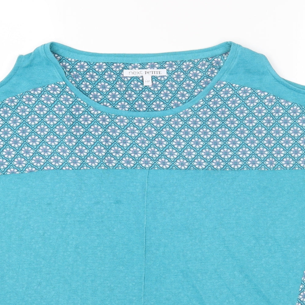 NEXT Womens Blue Geometric Polyester Basic T-Shirt Size 14 Round Neck - Cold Shoulder