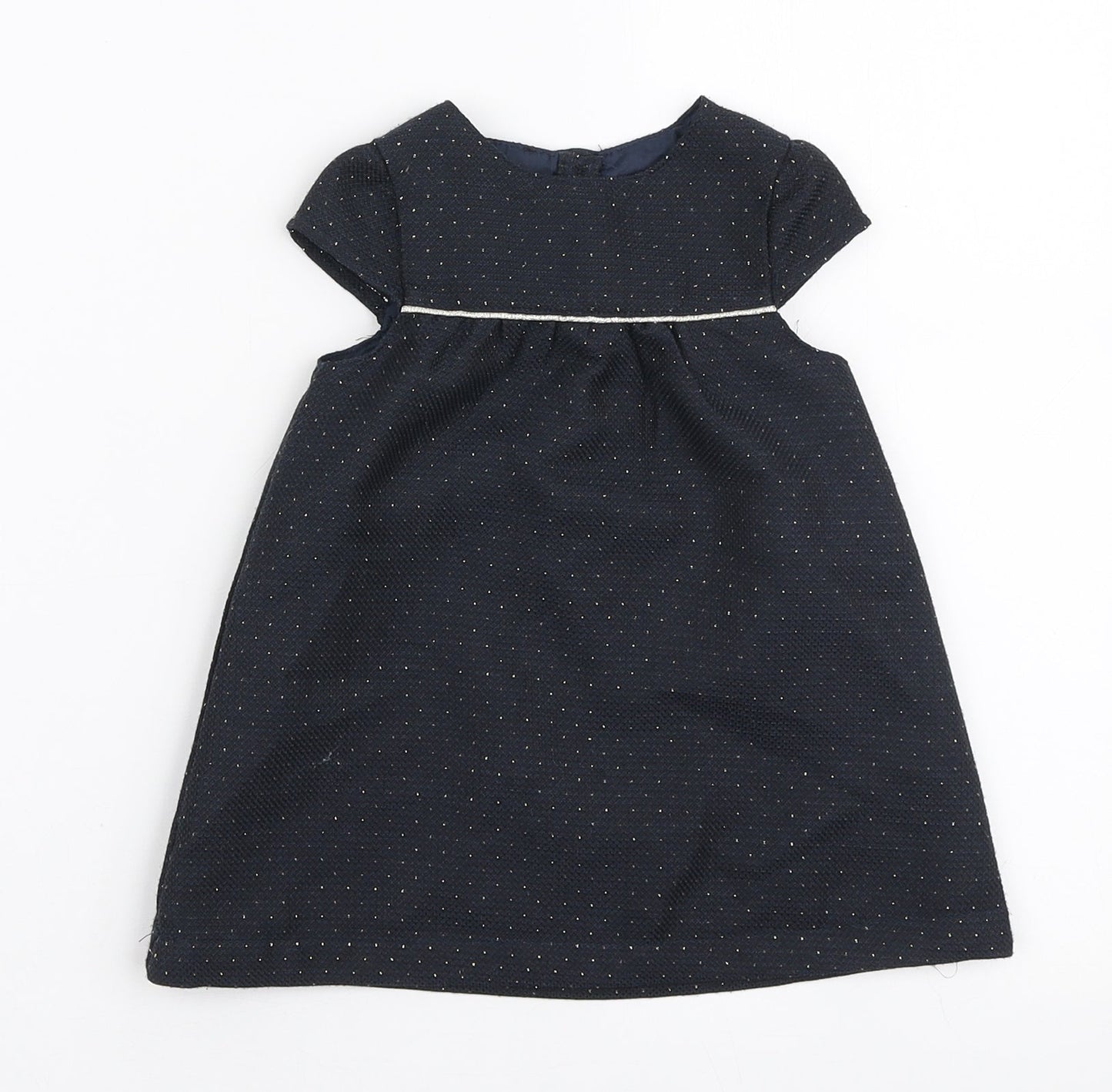 Young Dimension Girls Blue Polka Dot Polyester A-Line Size 9-12 Months Round Neck Button