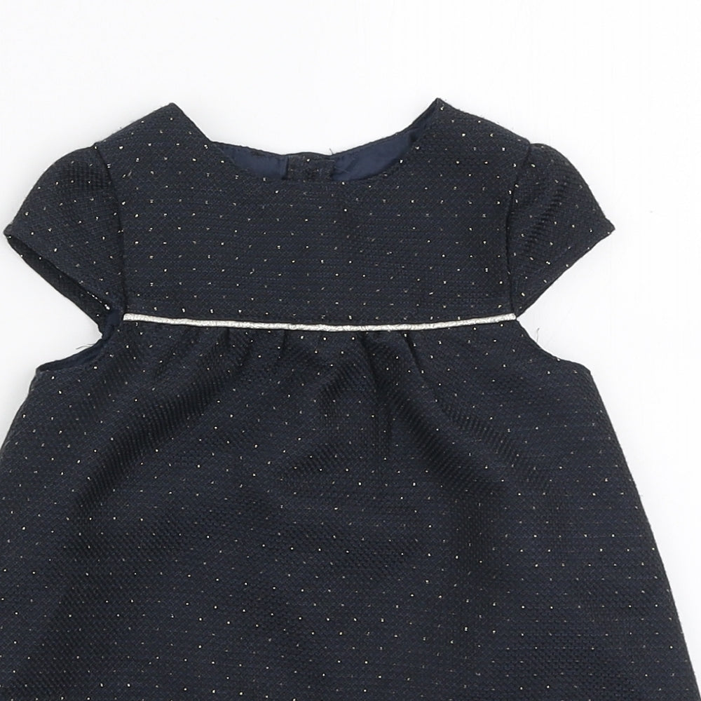 Young Dimension Girls Blue Polka Dot Polyester A-Line Size 9-12 Months Round Neck Button