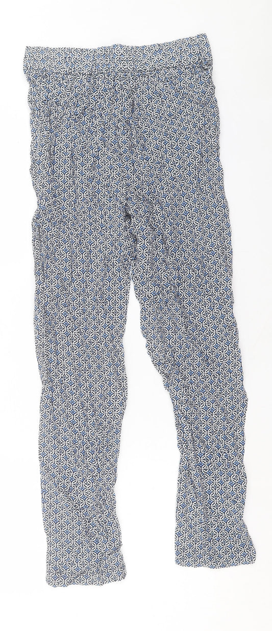 Marks and Spencer Womens Blue Geometric Viscose Trousers Size 8 L28 in Regular