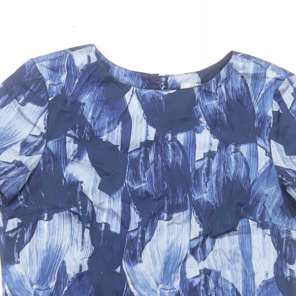H&M Womens Blue Geometric Polyester Basic T-Shirt Size 6 Crew Neck