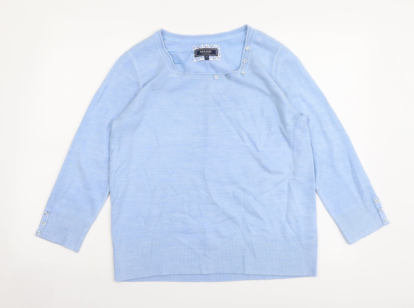 Maine Womens Blue Square Neck Acrylic Pullover Jumper Size 14