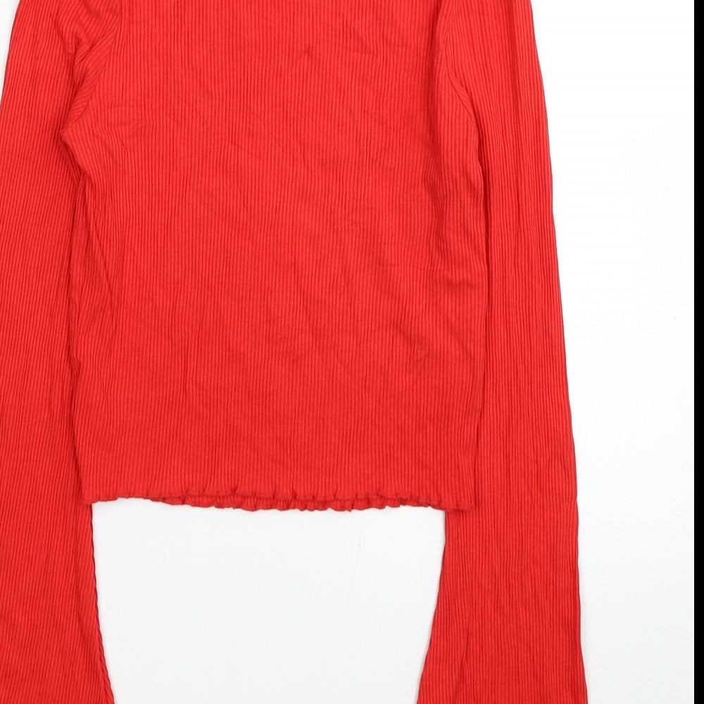 River Island Womens Red Viscose Cropped Blouse Size 6 Scoop Neck - Flared Sleeves