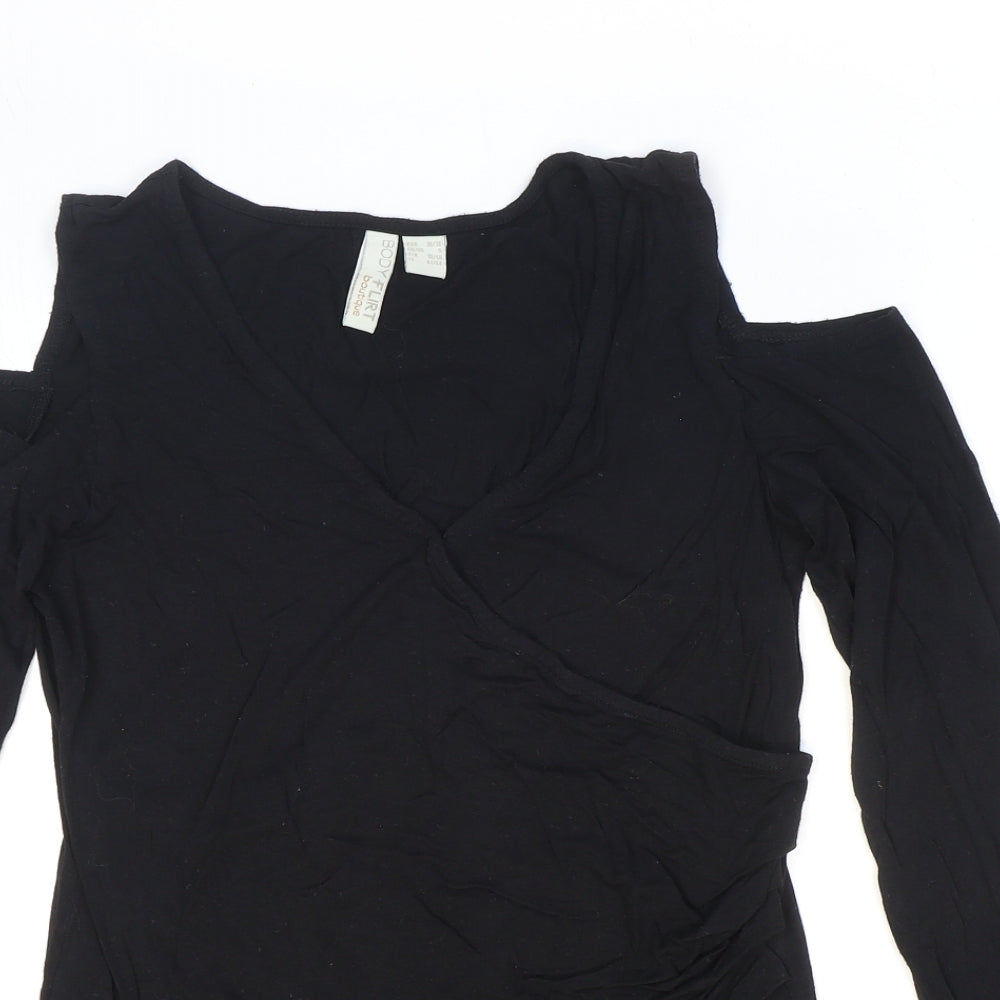 Body Flirt Womens Black Viscose Basic T-Shirt Size S Round Neck - Cold-shoulder