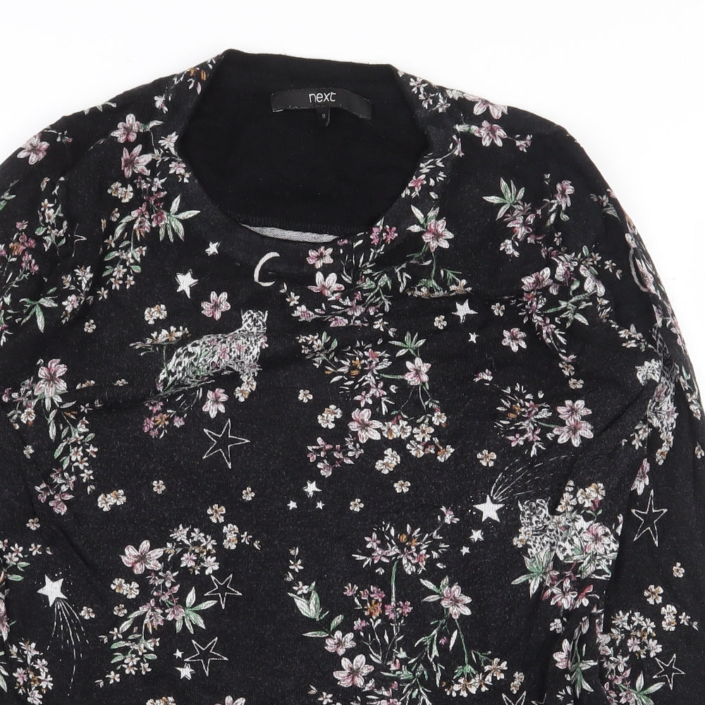 NEXT Womens Black Floral Viscose Basic T-Shirt Size 10 Round Neck