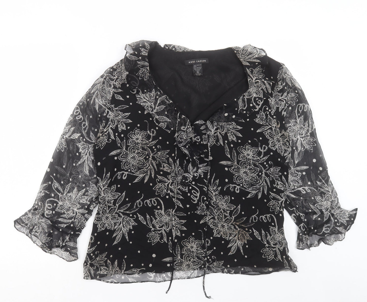 Anne Carson Womens Black Floral Polyester Basic Blouse Size XL V-Neck