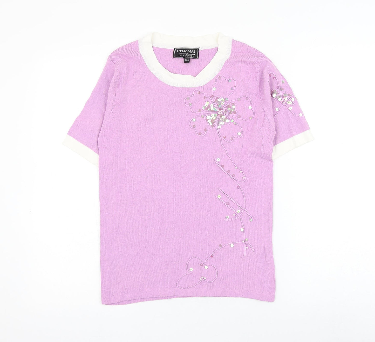 Eternal Womens Pink Nylon Basic Blouse Size 10 Round Neck - Flower