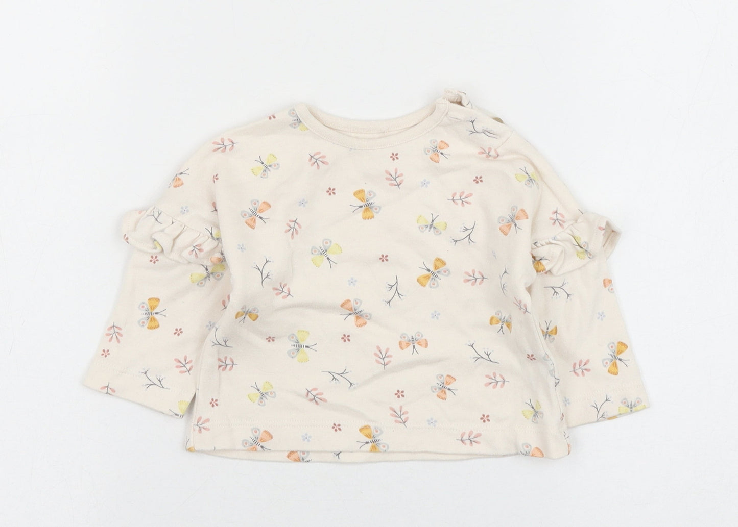 George Girls Beige Geometric Cotton Basic T-Shirt Size 0-3 Months Round Neck Button - butt