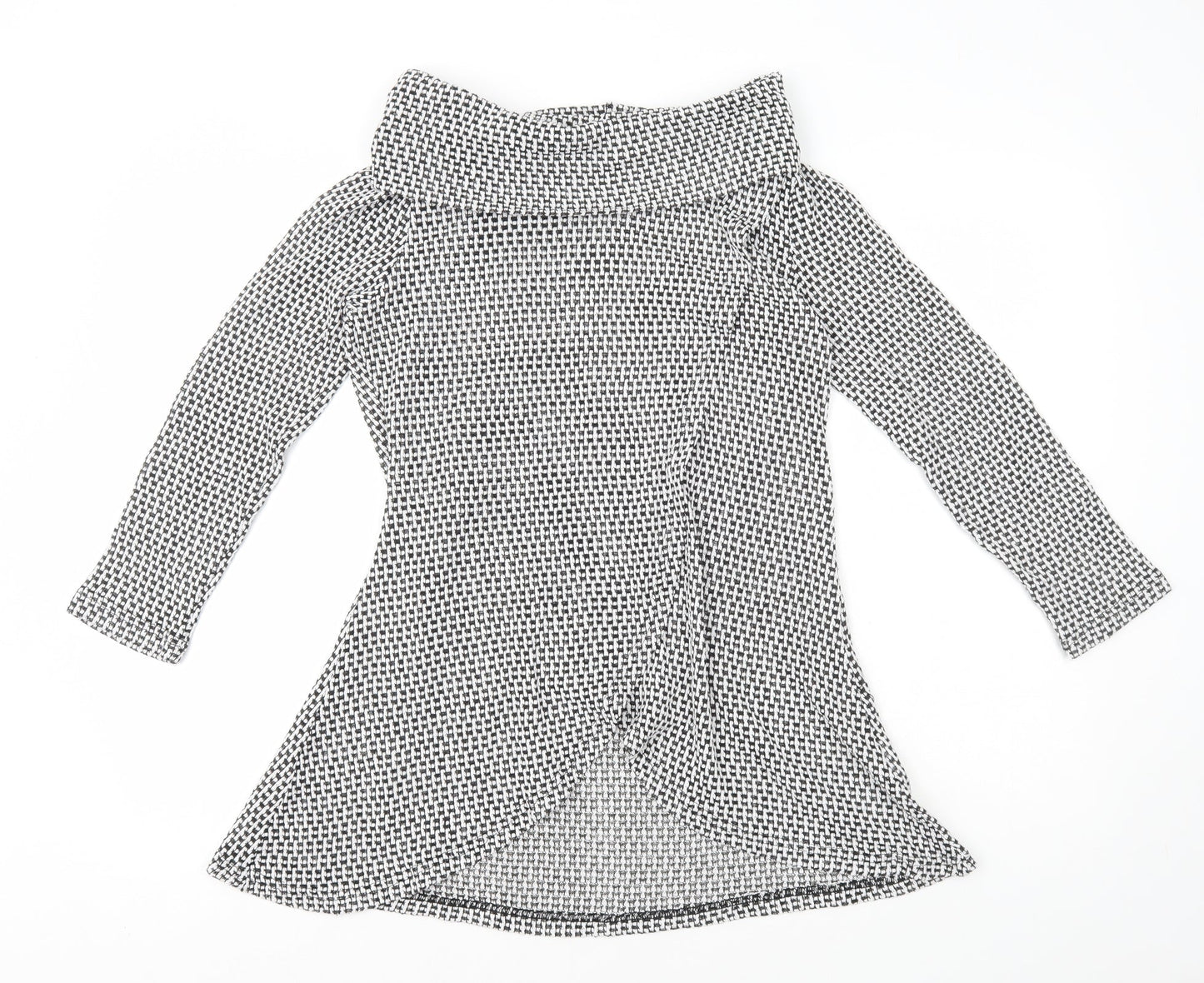Roman Womens Black Geometric Polyester A-Line Size 10 Roll Neck Pullover - Wrap Over Front